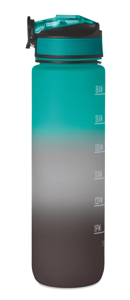 Sport-Trinkflasche aus RPET. Integrierter Trinkhalm weiches Silikonmundstück motivierende Zeitmarkierung einhändig zu öffnender