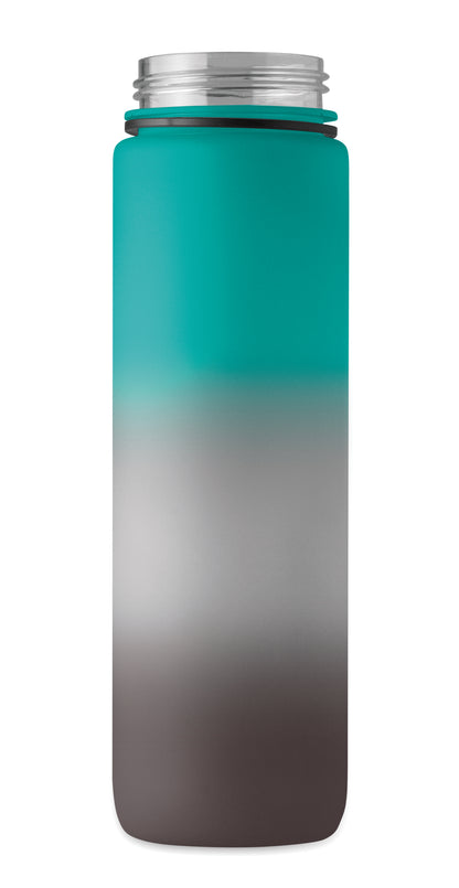 Sport-Trinkflasche aus RPET. Integrierter Trinkhalm weiches Silikonmundstück motivierende Zeitmarkierung einhändig zu öffnender