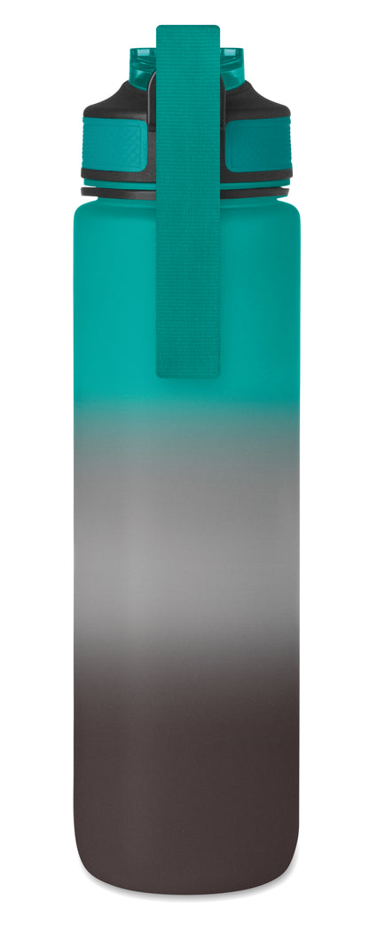Sport-Trinkflasche aus RPET. Integrierter Trinkhalm weiches Silikonmundstück motivierende Zeitmarkierung einhändig zu öffnender