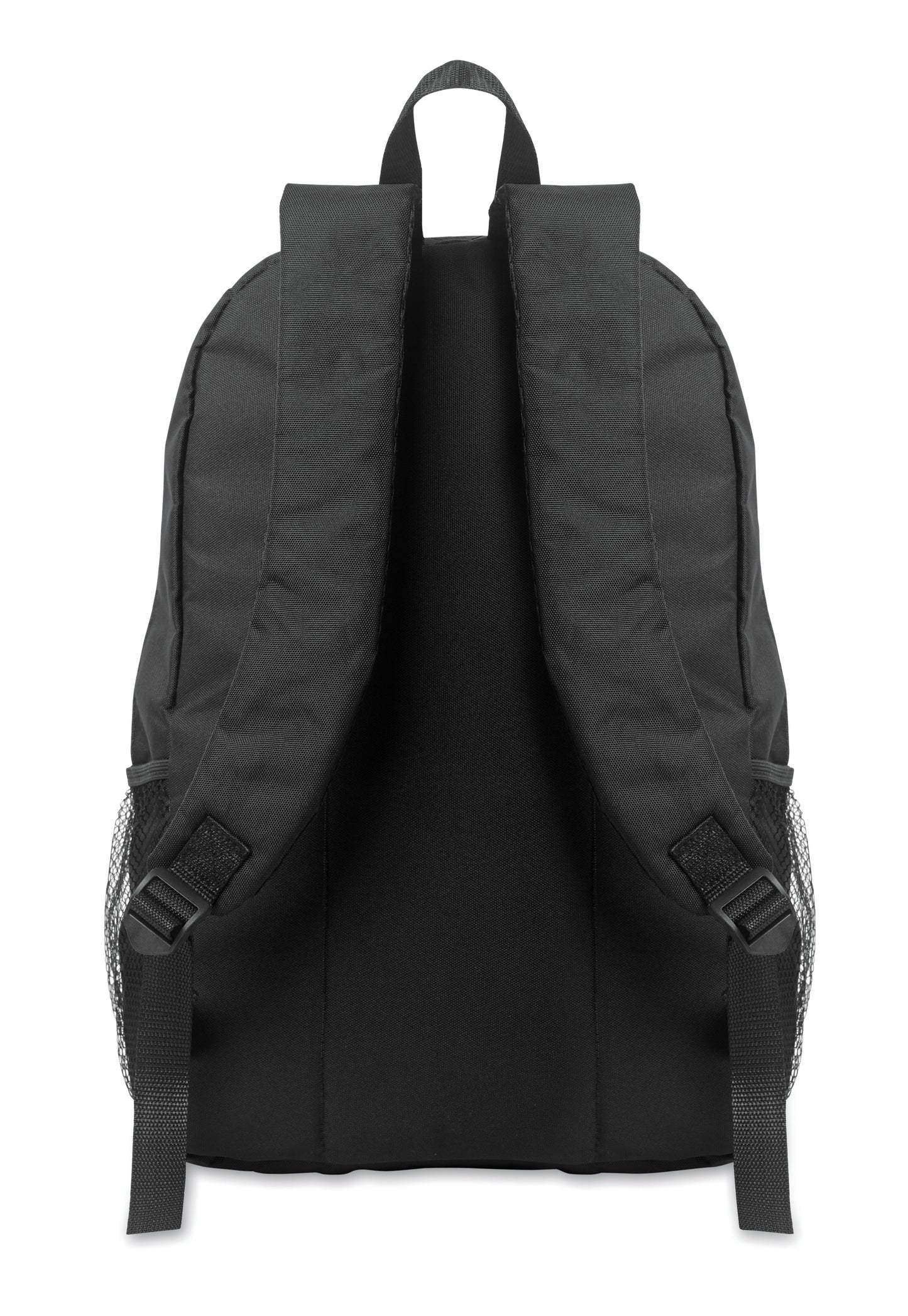 Rucksack mit Schnürung. Fronttasche mit Reißverschluss. Netztaschen auf beiden Seiten. 600D RPET-Polyester.