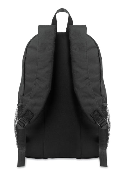 Rucksack mit Schnürung. Fronttasche mit Reißverschluss. Netztaschen auf beiden Seiten. 600D RPET-Polyester.