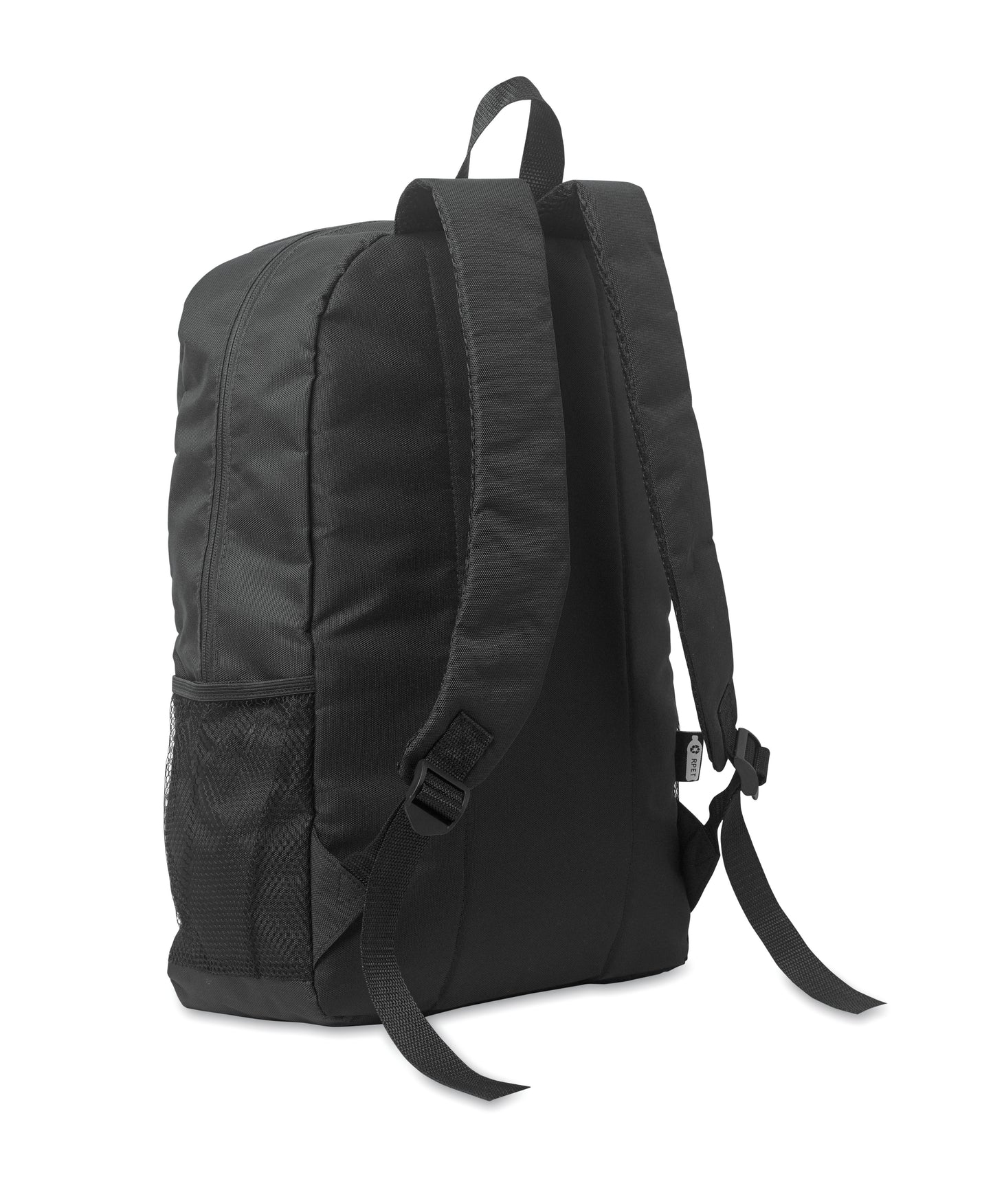 Rucksack mit Schnürung. Fronttasche mit Reißverschluss. Netztaschen auf beiden Seiten. 600D RPET-Polyester.