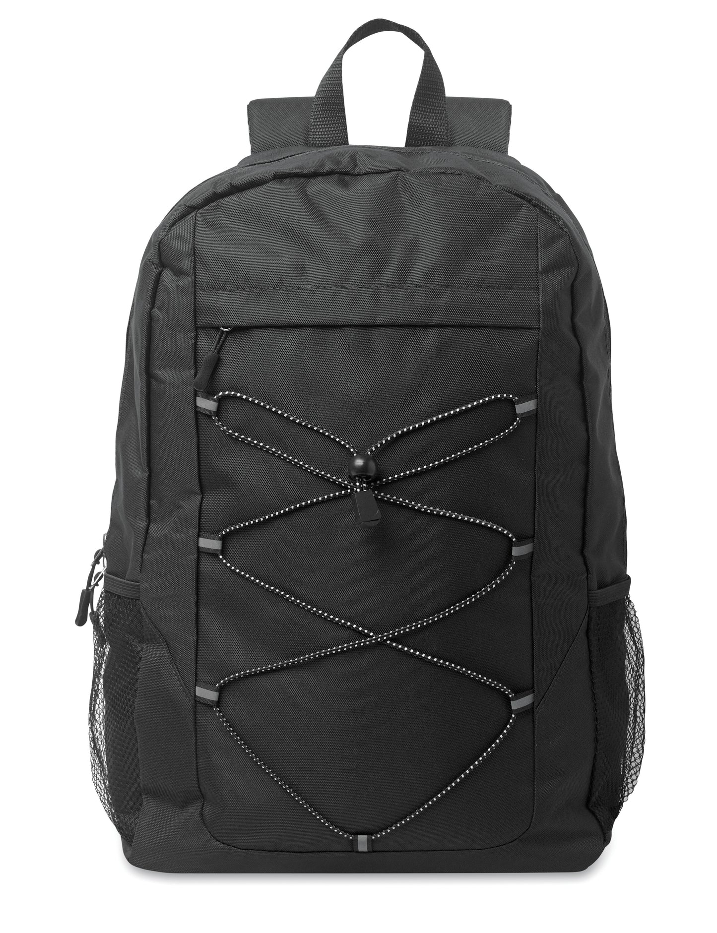 Rucksack mit Schnürung. Fronttasche mit Reißverschluss. Netztaschen auf beiden Seiten. 600D RPET-Polyester.