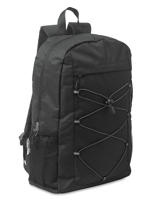 Rucksack mit Schnürung. Fronttasche mit Reißverschluss. Netztaschen auf beiden Seiten. 600D RPET-Polyester.
