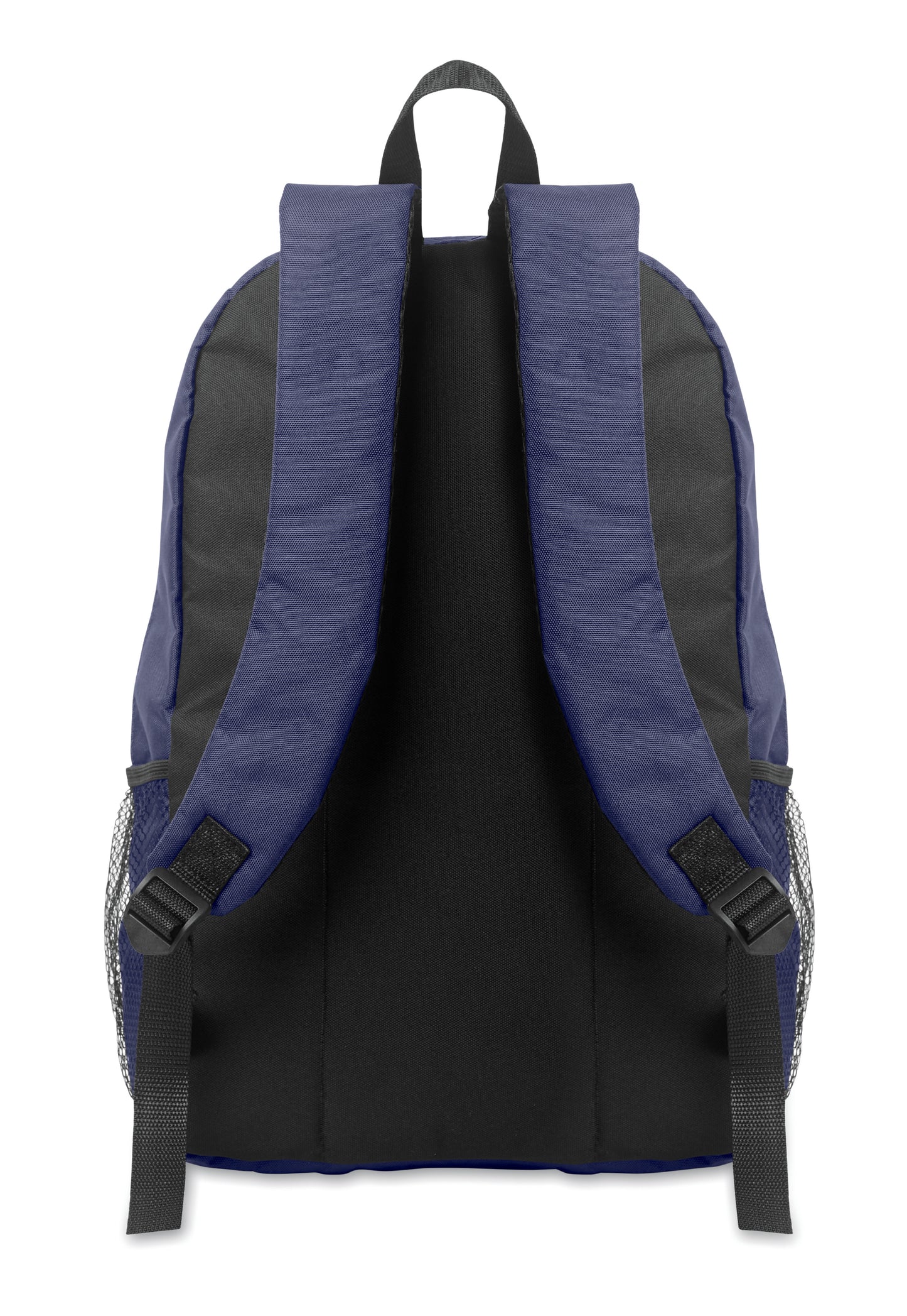 Rucksack mit Schnürung. Fronttasche mit Reißverschluss. Netztaschen auf beiden Seiten. 600D RPET-Polyester.