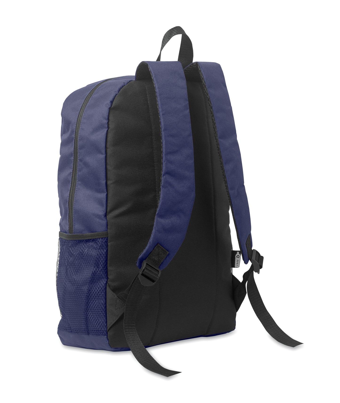 Rucksack mit Schnürung. Fronttasche mit Reißverschluss. Netztaschen auf beiden Seiten. 600D RPET-Polyester.