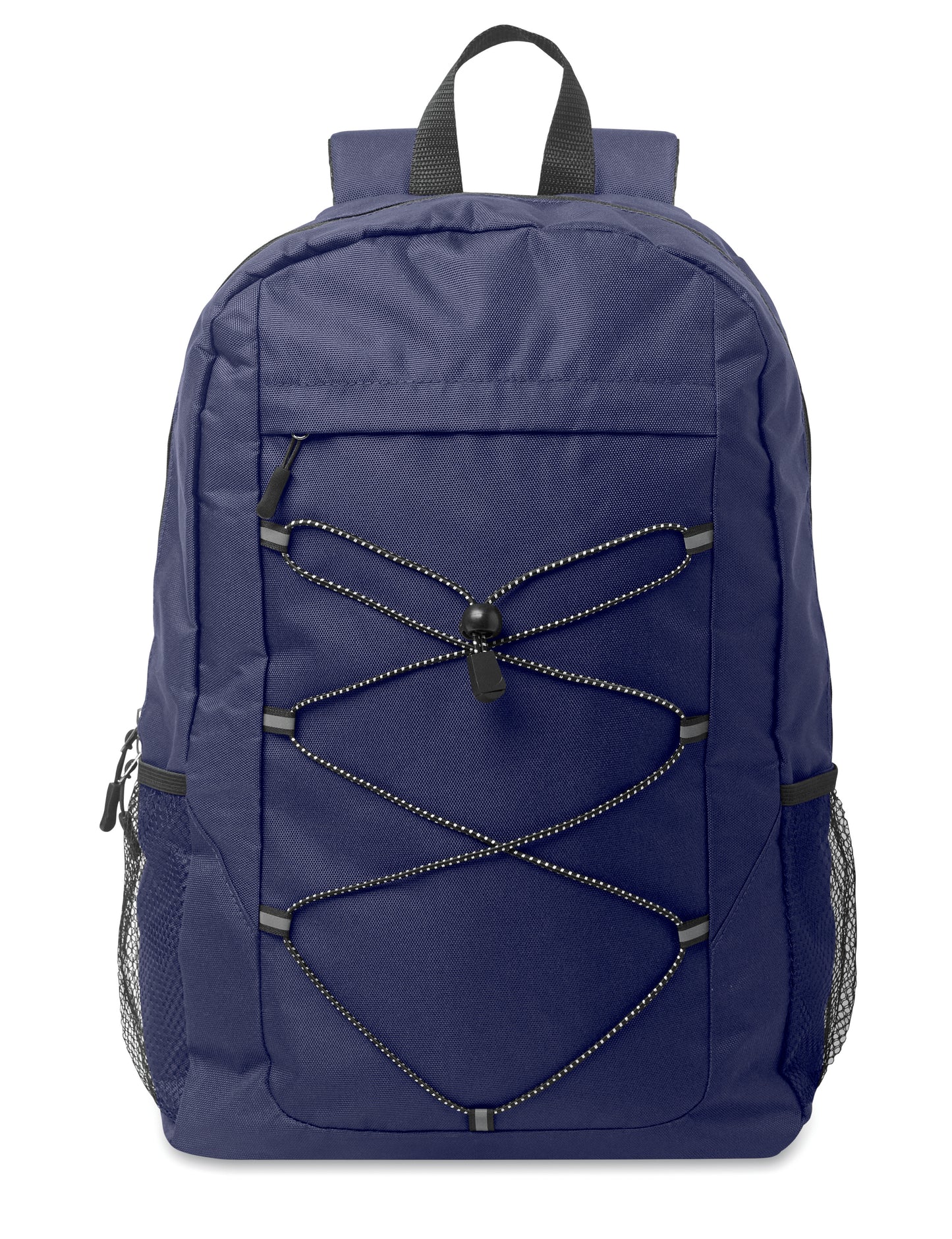 Rucksack mit Schnürung. Fronttasche mit Reißverschluss. Netztaschen auf beiden Seiten. 600D RPET-Polyester.