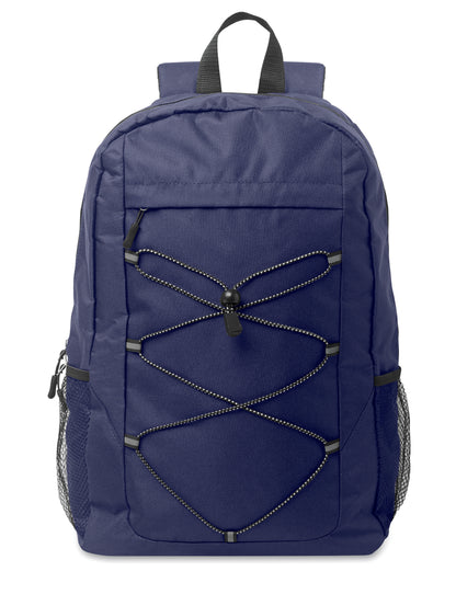 Rucksack mit Schnürung. Fronttasche mit Reißverschluss. Netztaschen auf beiden Seiten. 600D RPET-Polyester.