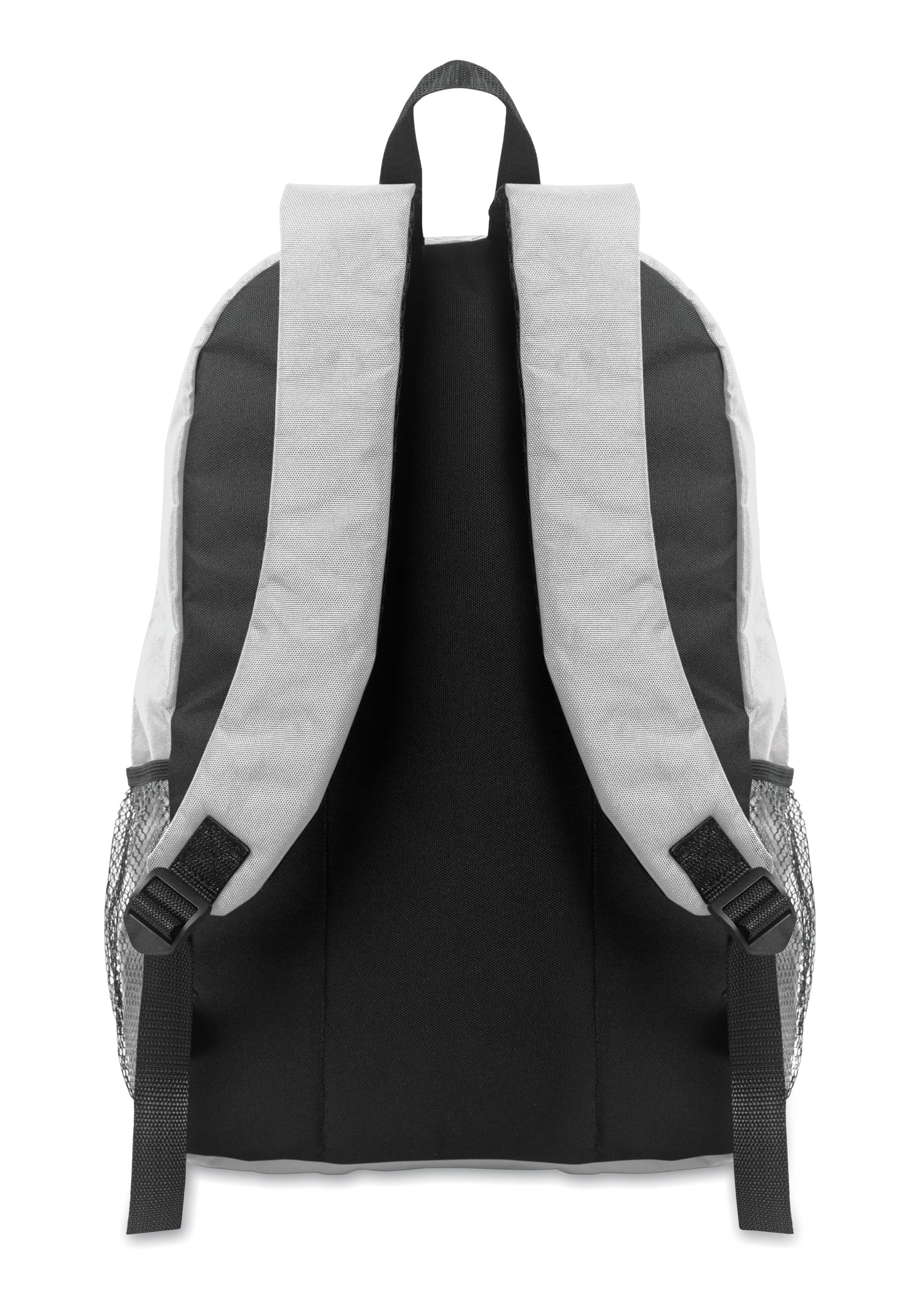 Rucksack mit Schnürung. Fronttasche mit Reißverschluss. Netztaschen auf beiden Seiten. 600D RPET-Polyester.