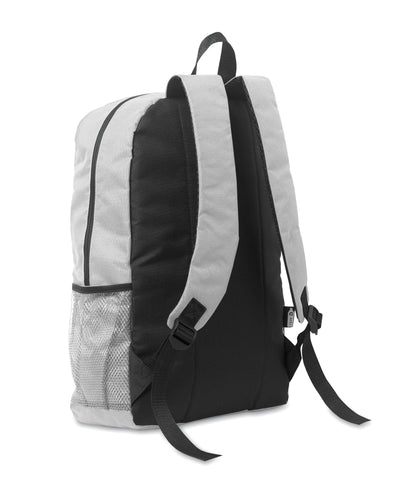 Rucksack mit Schnürung. Fronttasche mit Reißverschluss. Netztaschen auf beiden Seiten. 600D RPET-Polyester.