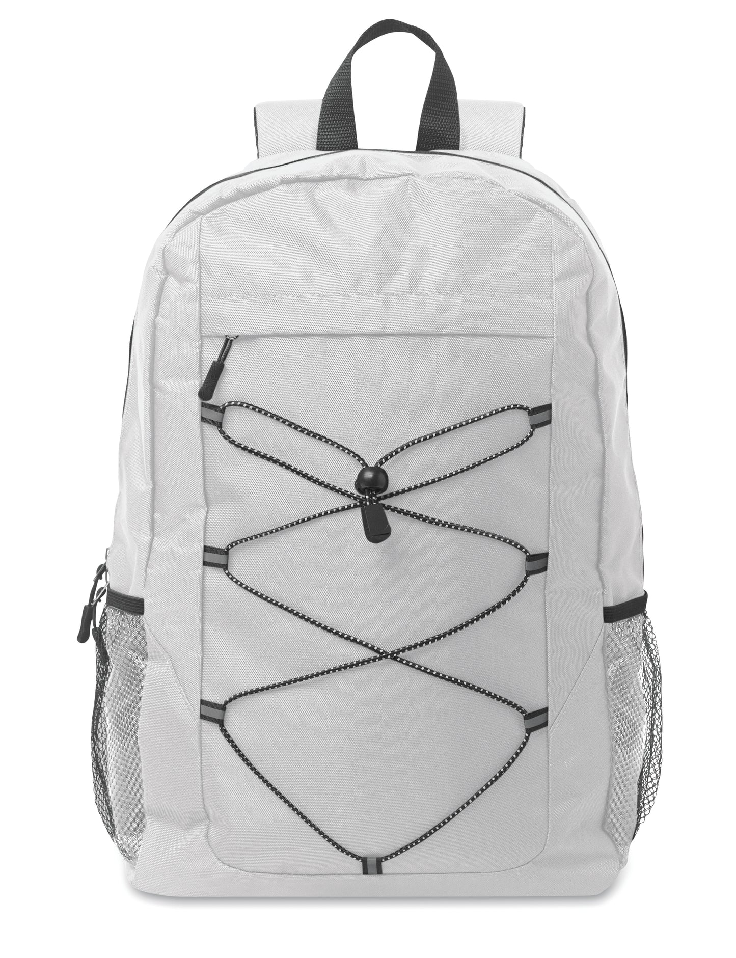 Rucksack mit Schnürung. Fronttasche mit Reißverschluss. Netztaschen auf beiden Seiten. 600D RPET-Polyester.