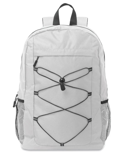 Rucksack mit Schnürung. Fronttasche mit Reißverschluss. Netztaschen auf beiden Seiten. 600D RPET-Polyester.