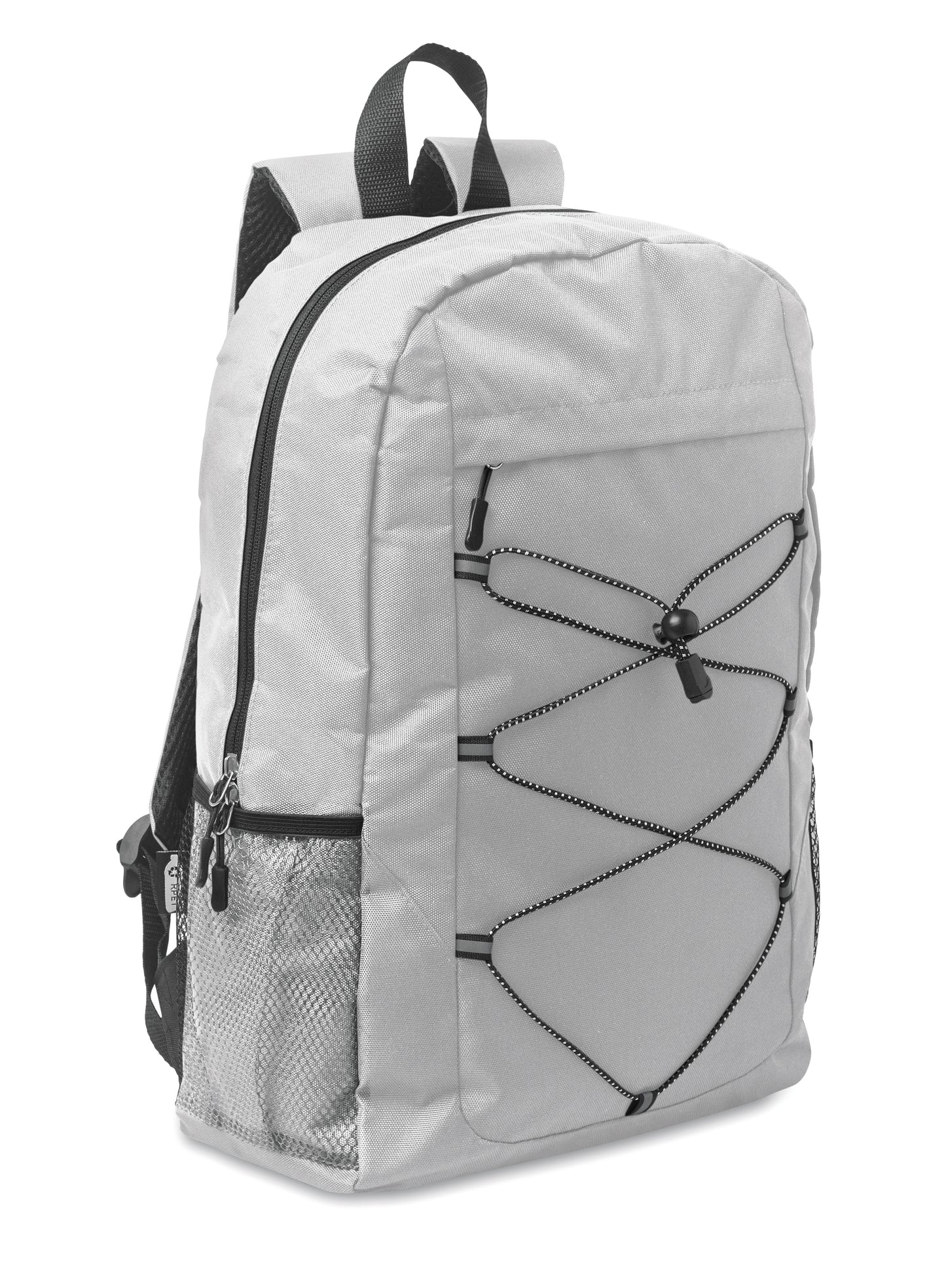 Rucksack mit Schnürung. Fronttasche mit Reißverschluss. Netztaschen auf beiden Seiten. 600D RPET-Polyester.