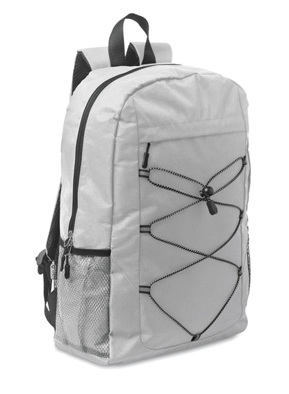 Rucksack mit Schnürung. Fronttasche mit Reißverschluss. Netztaschen auf beiden Seiten. 600D RPET-Polyester.