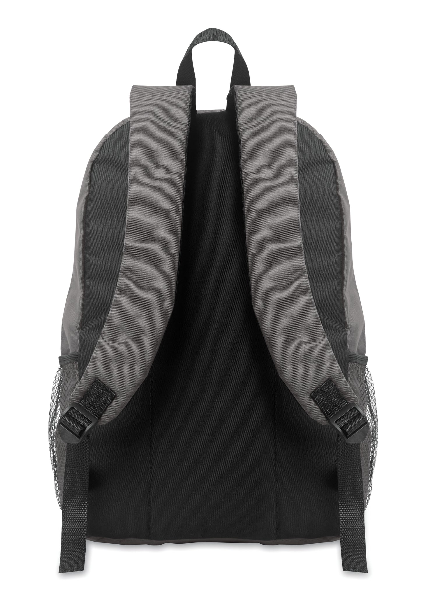 Rucksack mit Schnürung. Fronttasche mit Reißverschluss. Netztaschen auf beiden Seiten. 600D RPET-Polyester.