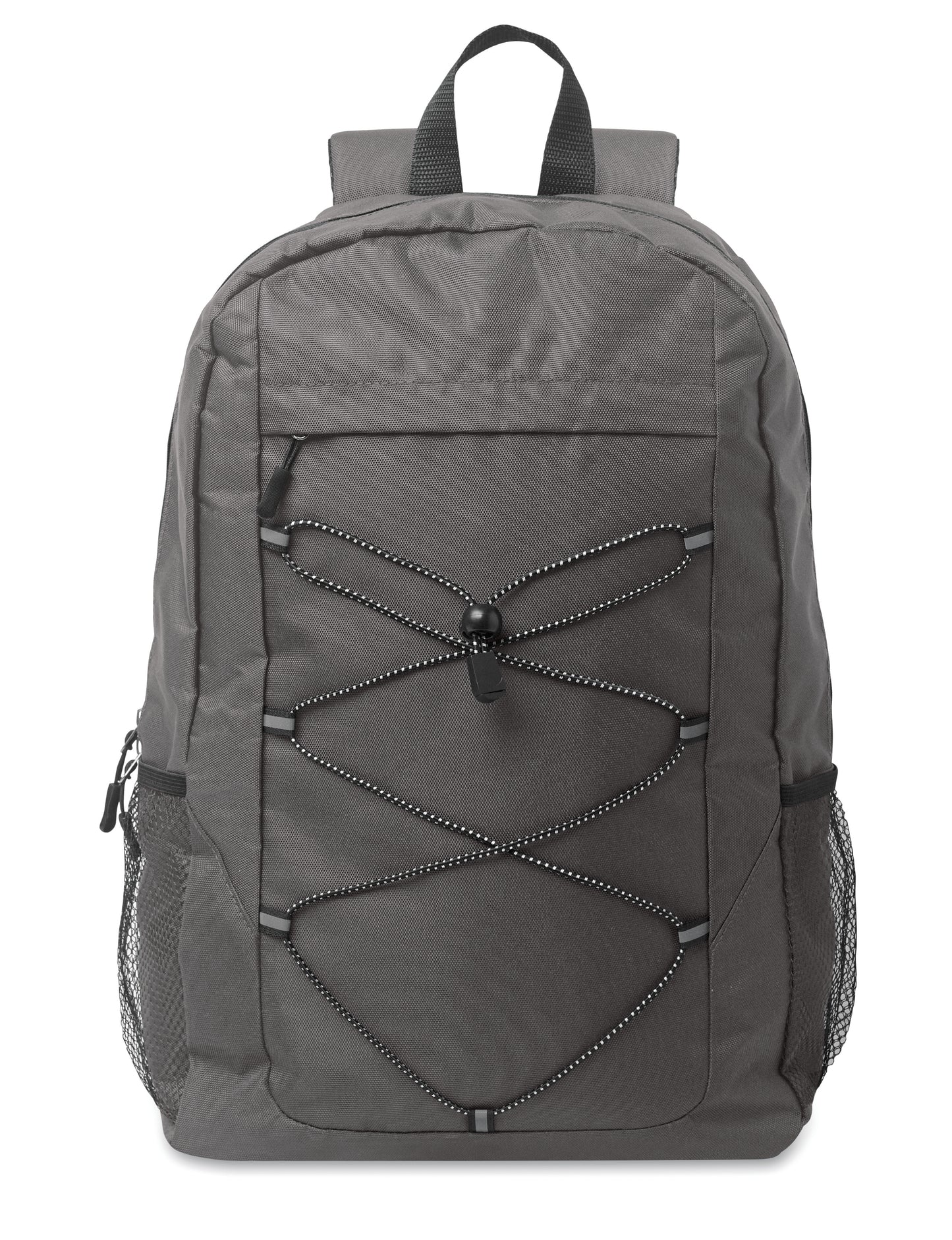 Rucksack mit Schnürung. Fronttasche mit Reißverschluss. Netztaschen auf beiden Seiten. 600D RPET-Polyester.