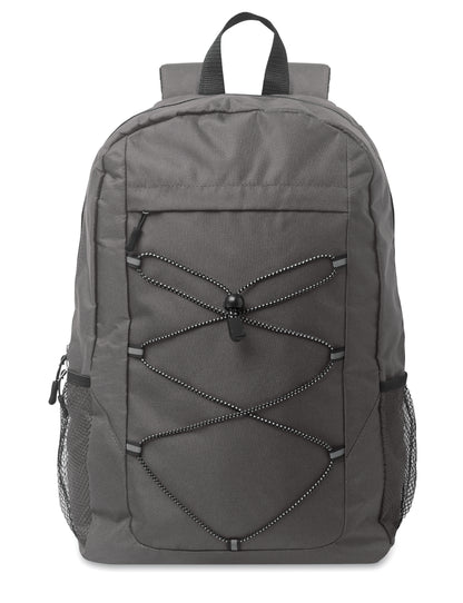 Rucksack mit Schnürung. Fronttasche mit Reißverschluss. Netztaschen auf beiden Seiten. 600D RPET-Polyester.