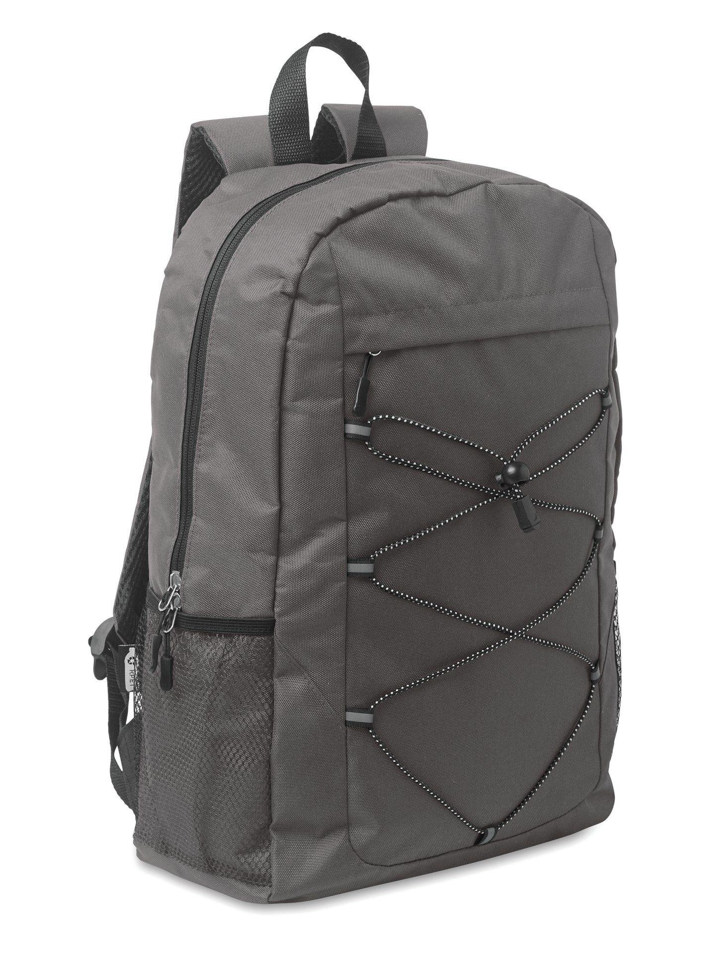 Rucksack mit Schnürung. Fronttasche mit Reißverschluss. Netztaschen auf beiden Seiten. 600D RPET-Polyester.