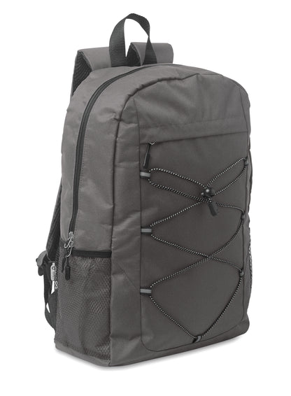 Rucksack mit Schnürung. Fronttasche mit Reißverschluss. Netztaschen auf beiden Seiten. 600D RPET-Polyester.