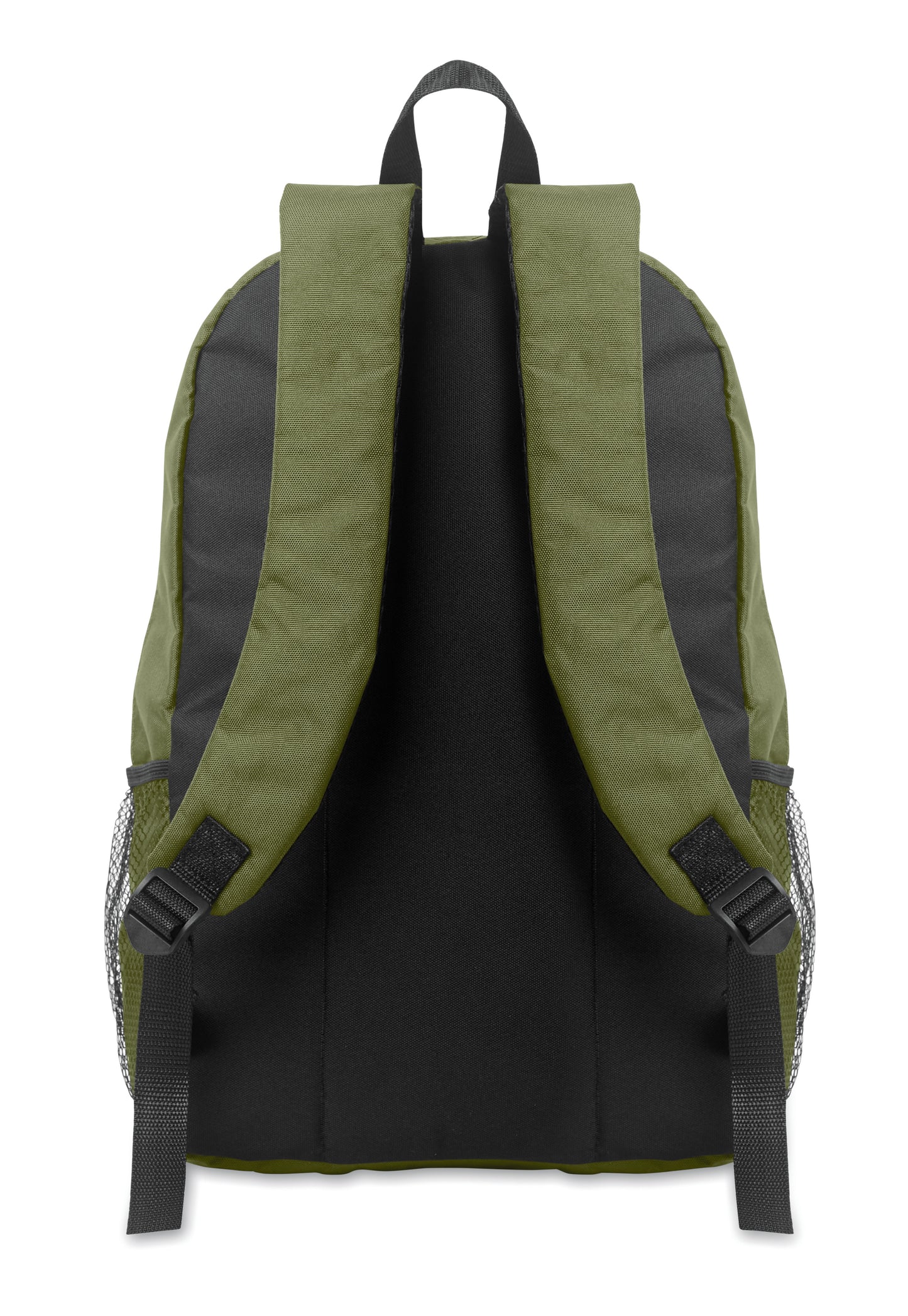 Rucksack mit Schnürung. Fronttasche mit Reißverschluss. Netztaschen auf beiden Seiten. 600D RPET-Polyester.