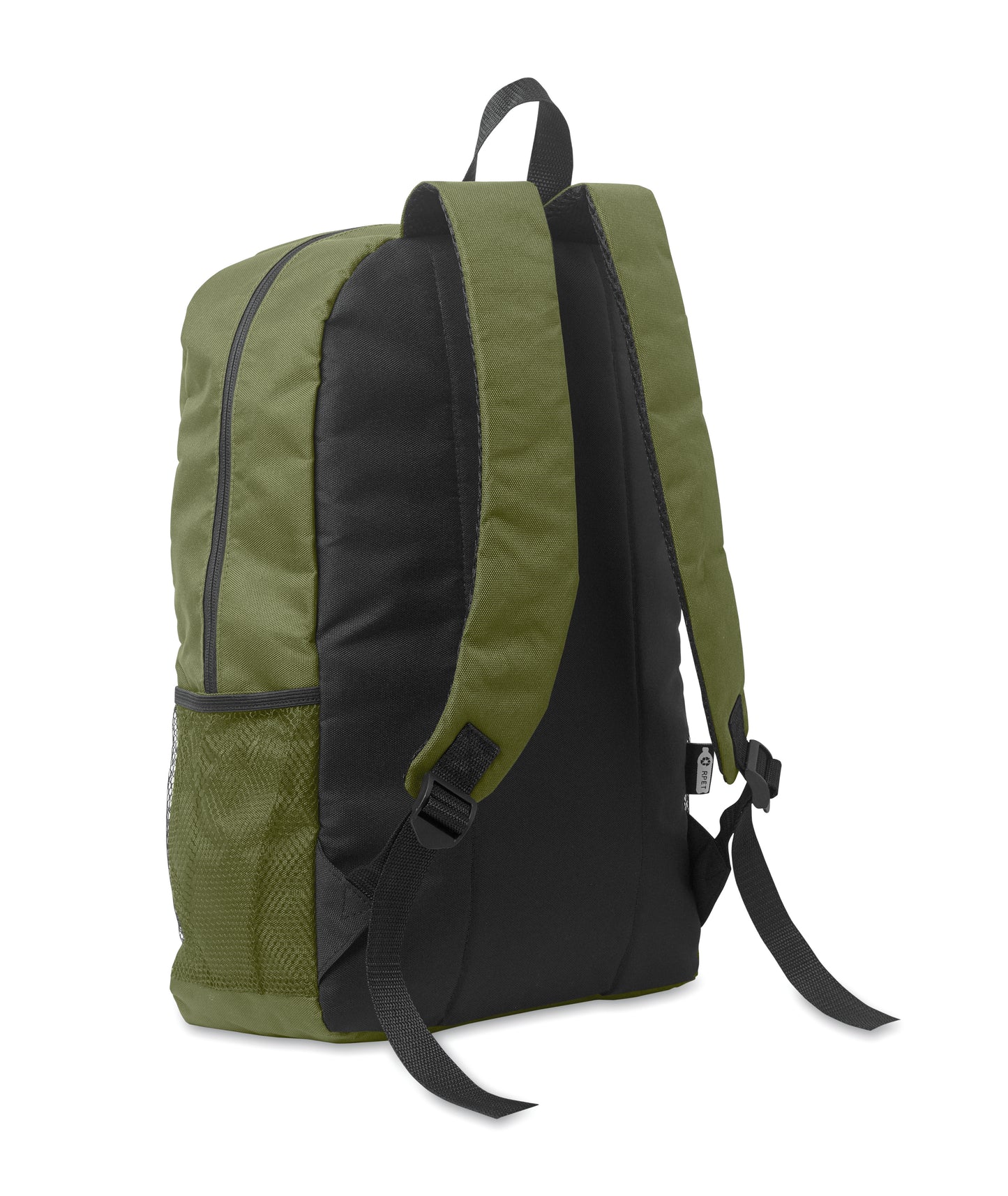Rucksack mit Schnürung. Fronttasche mit Reißverschluss. Netztaschen auf beiden Seiten. 600D RPET-Polyester.
