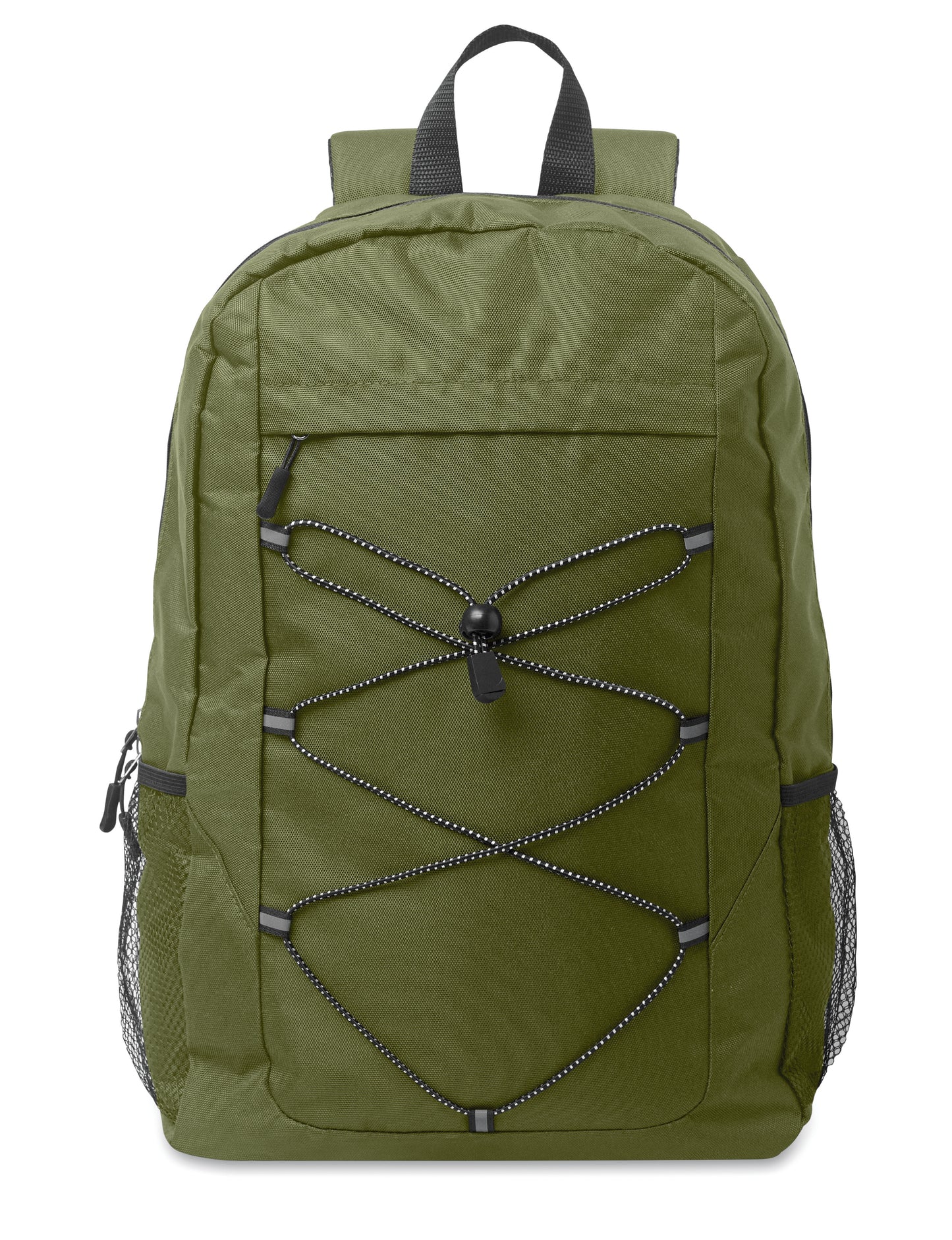 Rucksack mit Schnürung. Fronttasche mit Reißverschluss. Netztaschen auf beiden Seiten. 600D RPET-Polyester.