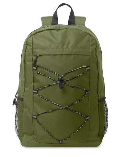 Rucksack mit Schnürung. Fronttasche mit Reißverschluss. Netztaschen auf beiden Seiten. 600D RPET-Polyester.