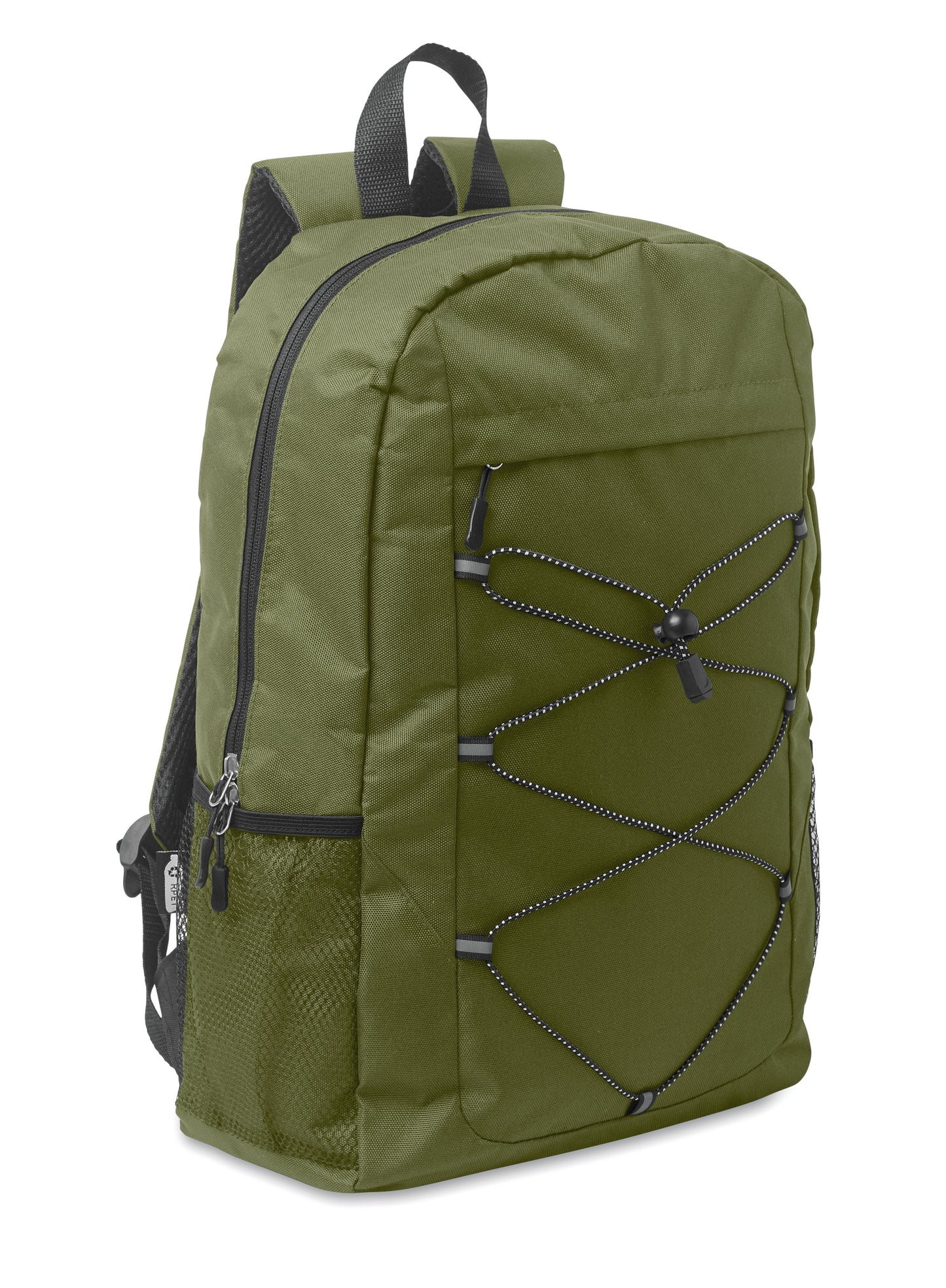 Rucksack mit Schnürung. Fronttasche mit Reißverschluss. Netztaschen auf beiden Seiten. 600D RPET-Polyester.