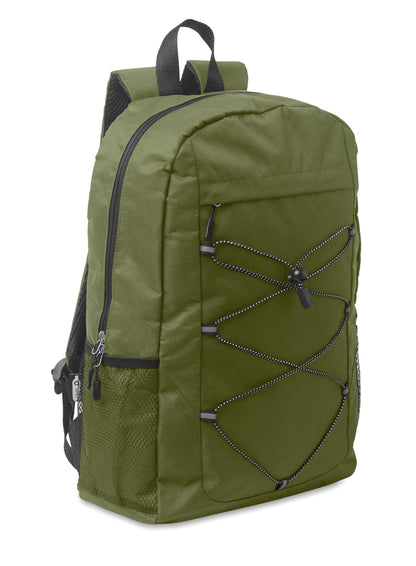 Rucksack mit Schnürung. Fronttasche mit Reißverschluss. Netztaschen auf beiden Seiten. 600D RPET-Polyester.