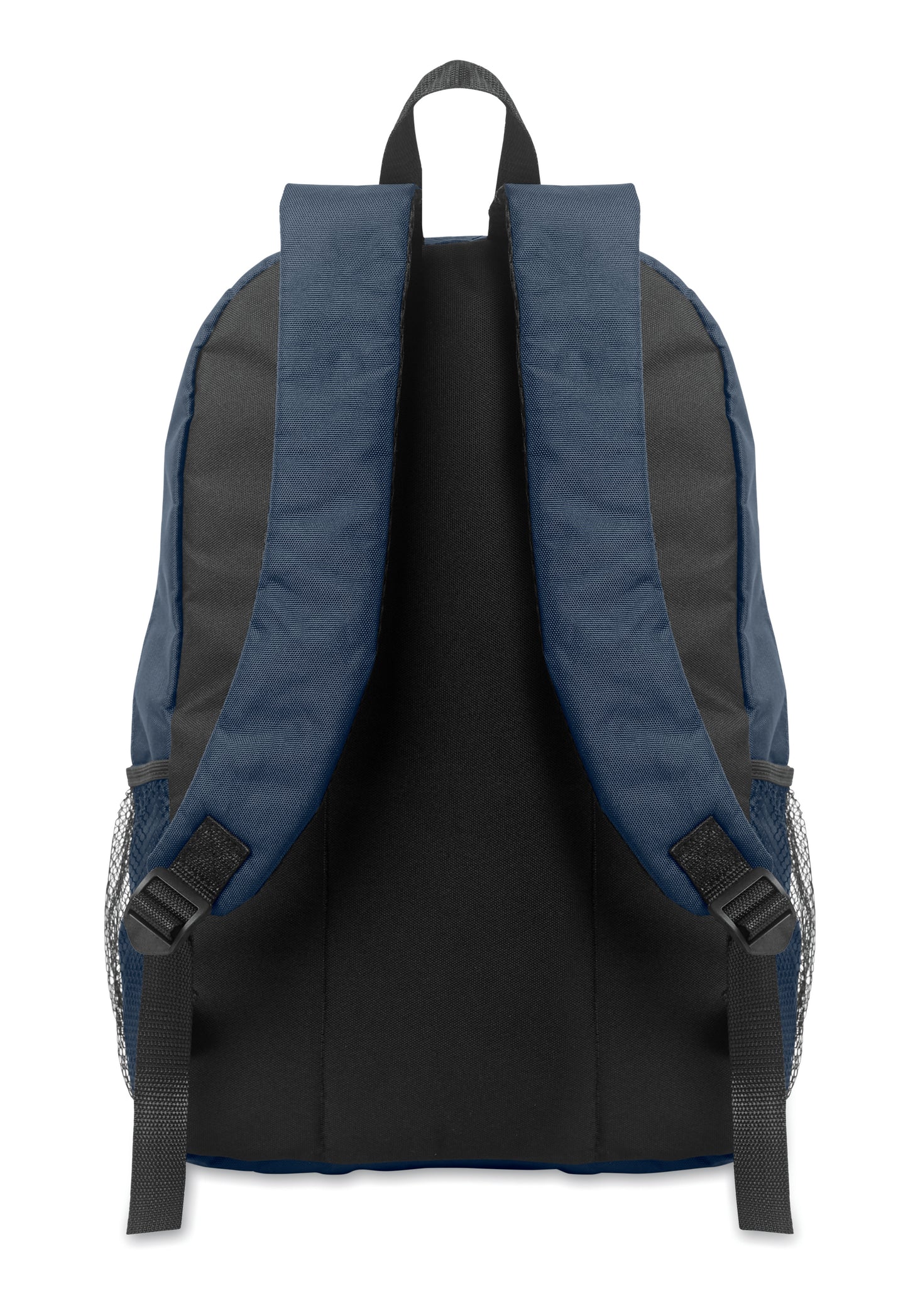 Rucksack mit Schnürung. Fronttasche mit Reißverschluss. Netztaschen auf beiden Seiten. 600D RPET-Polyester.
