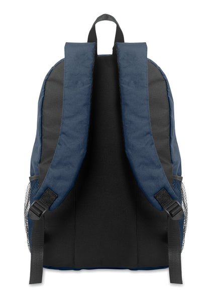 Rucksack mit Schnürung. Fronttasche mit Reißverschluss. Netztaschen auf beiden Seiten. 600D RPET-Polyester.