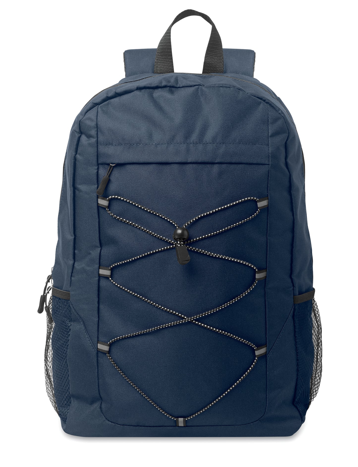 Rucksack mit Schnürung. Fronttasche mit Reißverschluss. Netztaschen auf beiden Seiten. 600D RPET-Polyester.