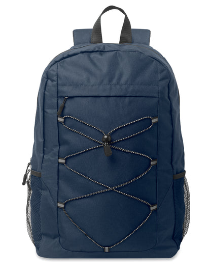 Rucksack mit Schnürung. Fronttasche mit Reißverschluss. Netztaschen auf beiden Seiten. 600D RPET-Polyester.