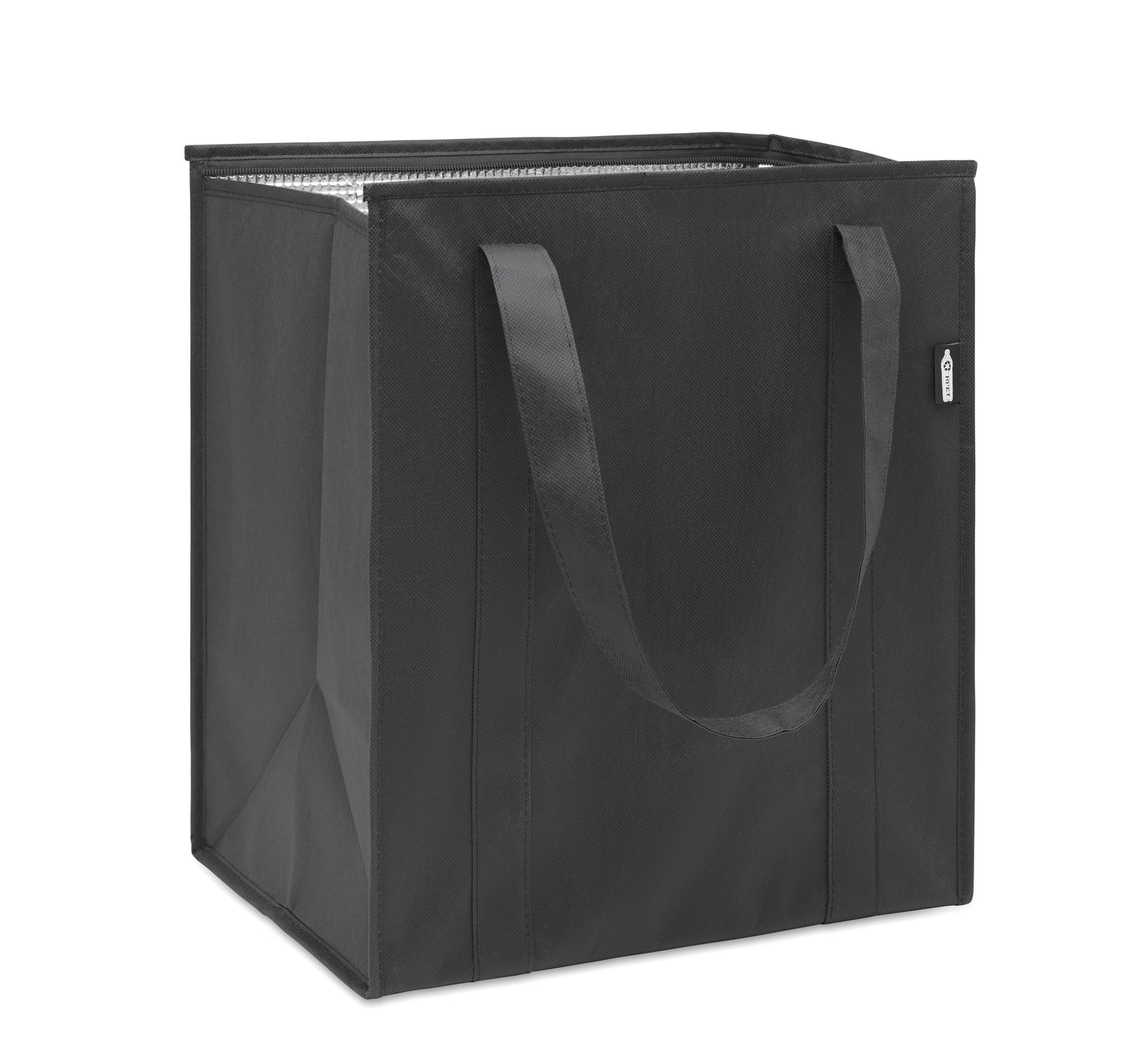 Kühltasche aus RPET-Non Woven 80g/m². Hauptfach mit Reißverschluss herausnehmbare PP Verstärkung im