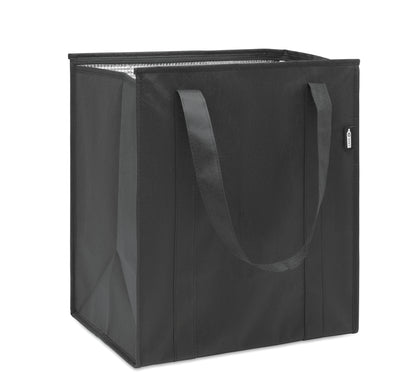 Kühltasche aus RPET-Non Woven 80g/m². Hauptfach mit Reißverschluss herausnehmbare PP Verstärkung im