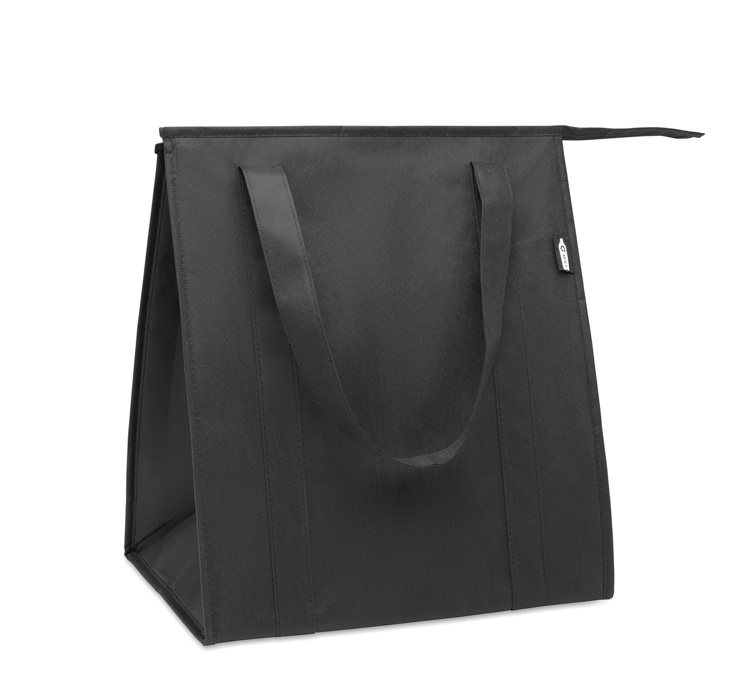 Kühltasche aus RPET-Non Woven 80g/m². Hauptfach mit Reißverschluss herausnehmbare PP Verstärkung im