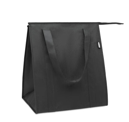 Kühltasche aus RPET-Non Woven 80g/m². Hauptfach mit Reißverschluss herausnehmbare PP Verstärkung im