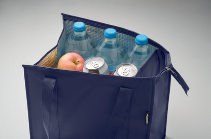 Kühltasche aus RPET-Non Woven 80g/m². Hauptfach mit Reißverschluss herausnehmbare PP Verstärkung im