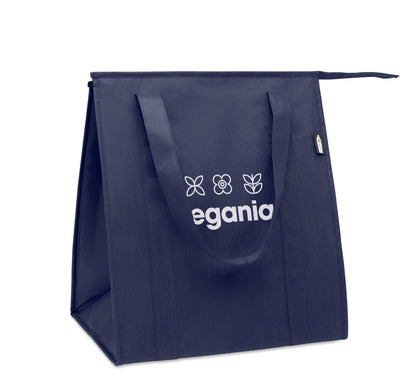 Kühltasche aus RPET-Non Woven 80g/m². Hauptfach mit Reißverschluss herausnehmbare PP Verstärkung im