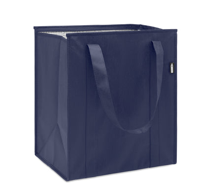 Kühltasche aus RPET-Non Woven 80g/m². Hauptfach mit Reißverschluss herausnehmbare PP Verstärkung im