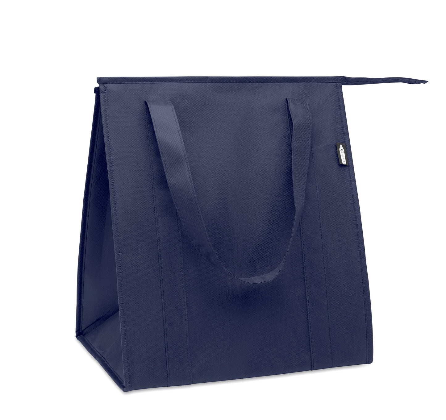 Kühltasche aus RPET-Non Woven 80g/m². Hauptfach mit Reißverschluss herausnehmbare PP Verstärkung im