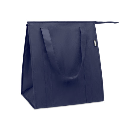 Kühltasche aus RPET-Non Woven 80g/m². Hauptfach mit Reißverschluss herausnehmbare PP Verstärkung im