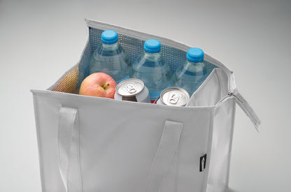 Kühltasche aus RPET-Non Woven 80g/m². Hauptfach mit Reißverschluss herausnehmbare PP Verstärkung im