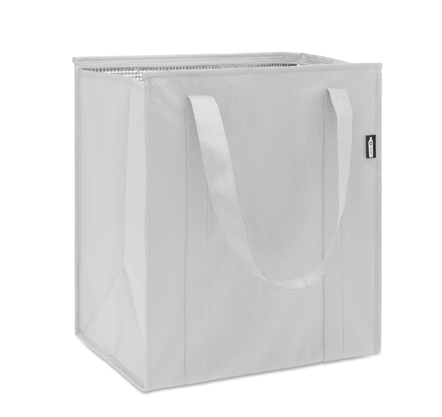 Kühltasche aus RPET-Non Woven 80g/m². Hauptfach mit Reißverschluss herausnehmbare PP Verstärkung im