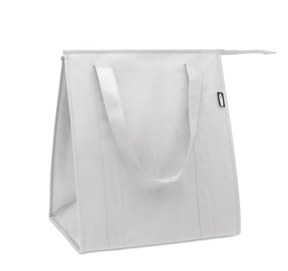 Kühltasche aus RPET-Non Woven 80g/m². Hauptfach mit Reißverschluss herausnehmbare PP Verstärkung im