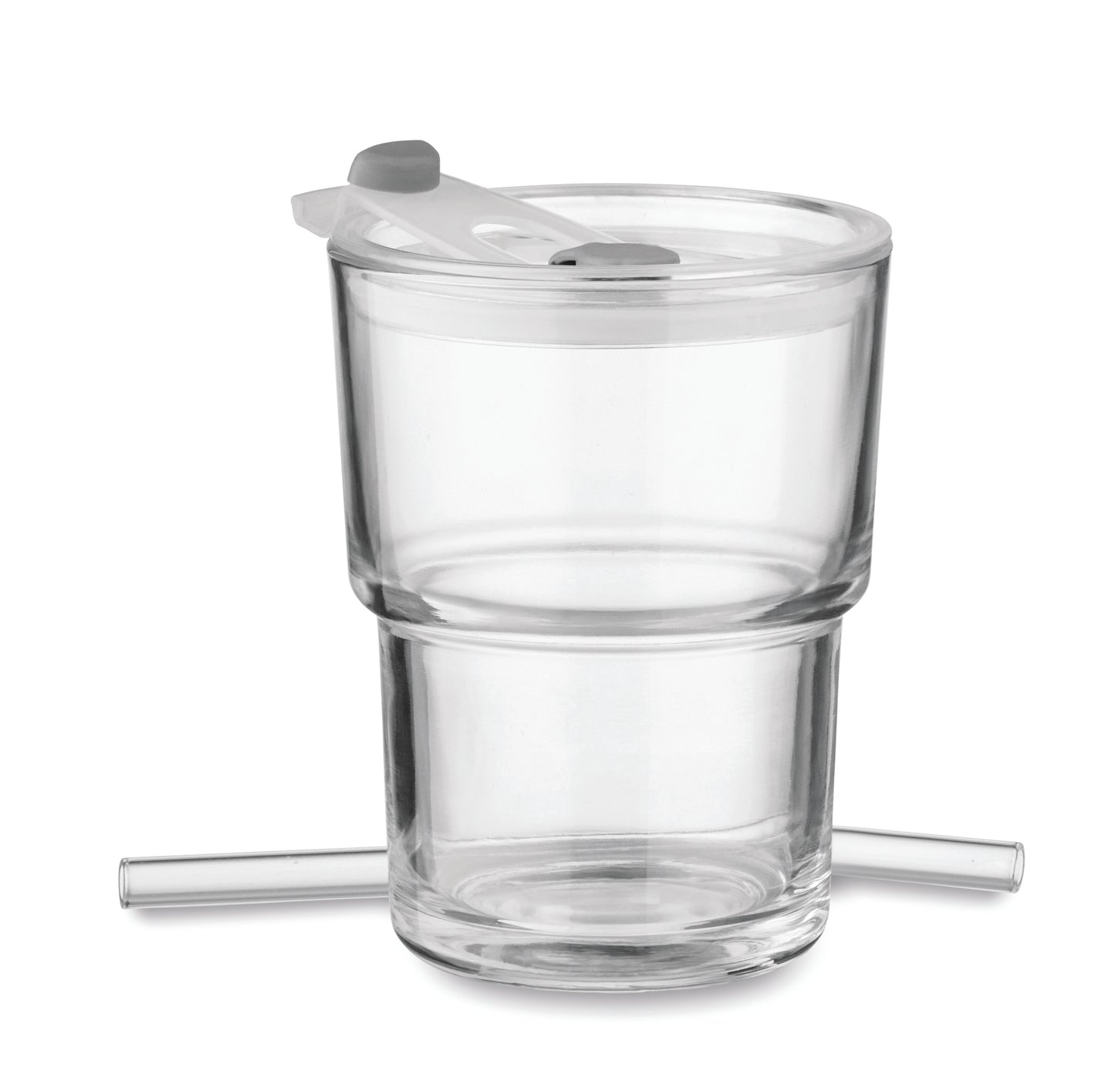 Becher aus Glas mit Deckel. Abnehmbarer Trinkhalm aus Glas und Trinköffnung. Auslaufsicher.