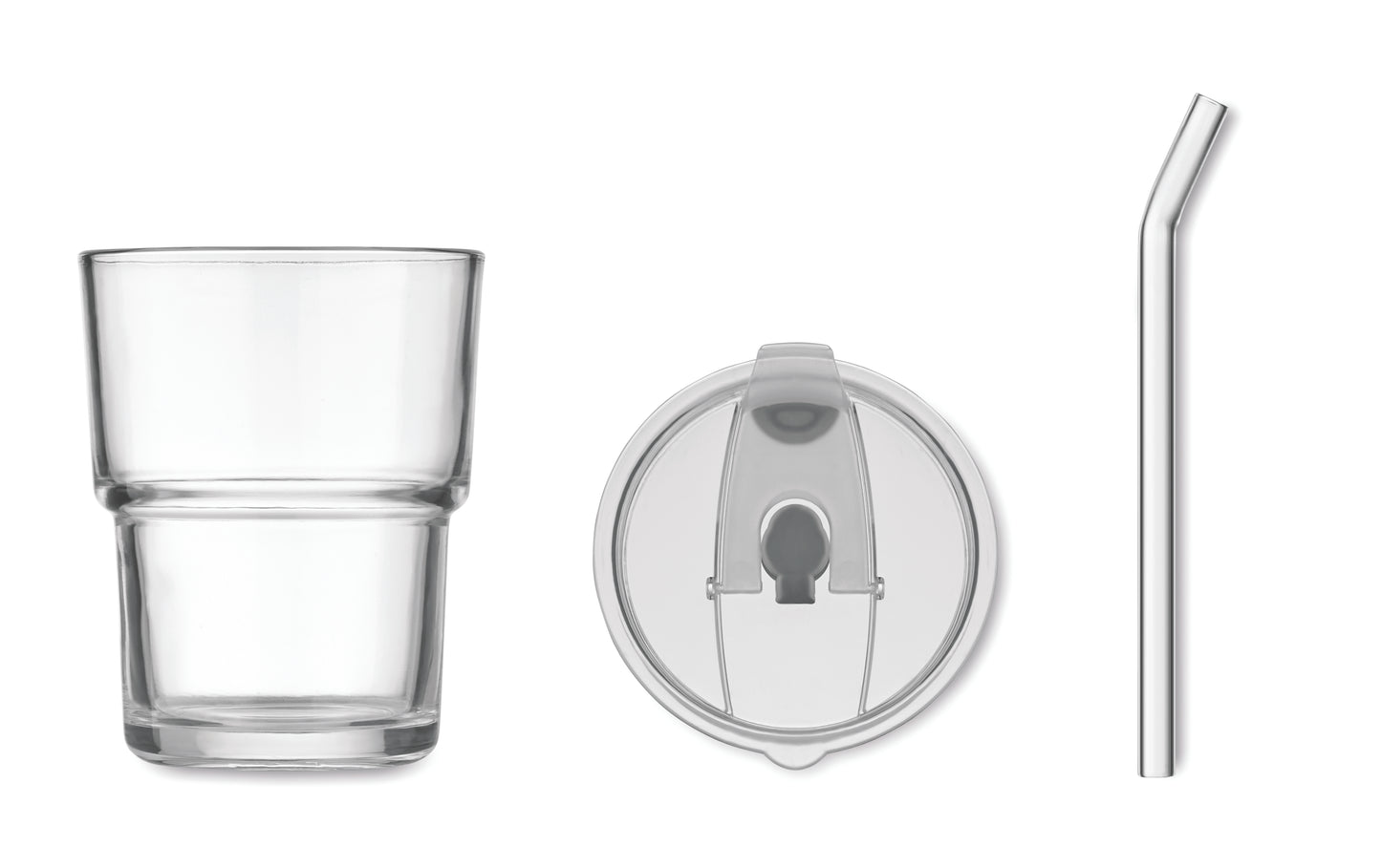 Becher aus Glas mit Deckel. Abnehmbarer Trinkhalm aus Glas und Trinköffnung. Auslaufsicher.