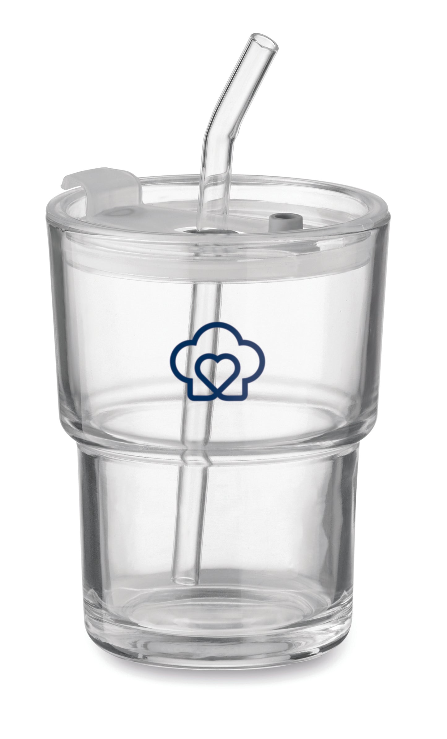 Becher aus Glas mit Deckel. Abnehmbarer Trinkhalm aus Glas und Trinköffnung. Auslaufsicher.