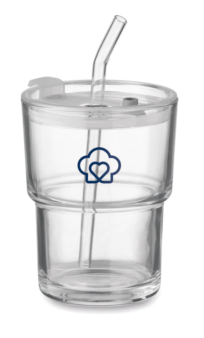 Becher aus Glas mit Deckel. Abnehmbarer Trinkhalm aus Glas und Trinköffnung. Auslaufsicher.