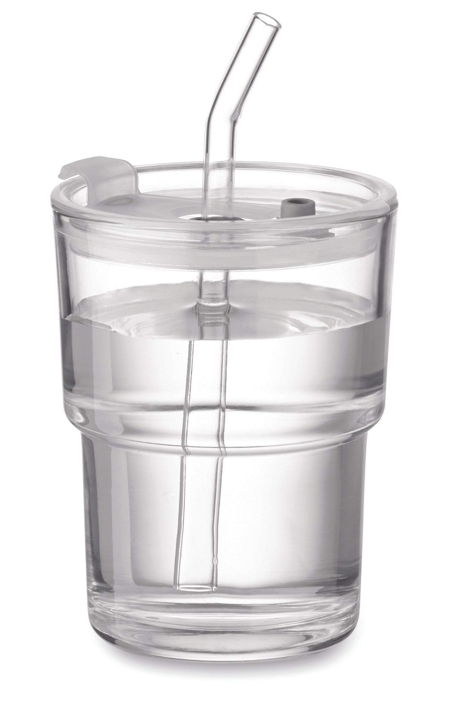 Becher aus Glas mit Deckel. Abnehmbarer Trinkhalm aus Glas und Trinköffnung. Auslaufsicher.